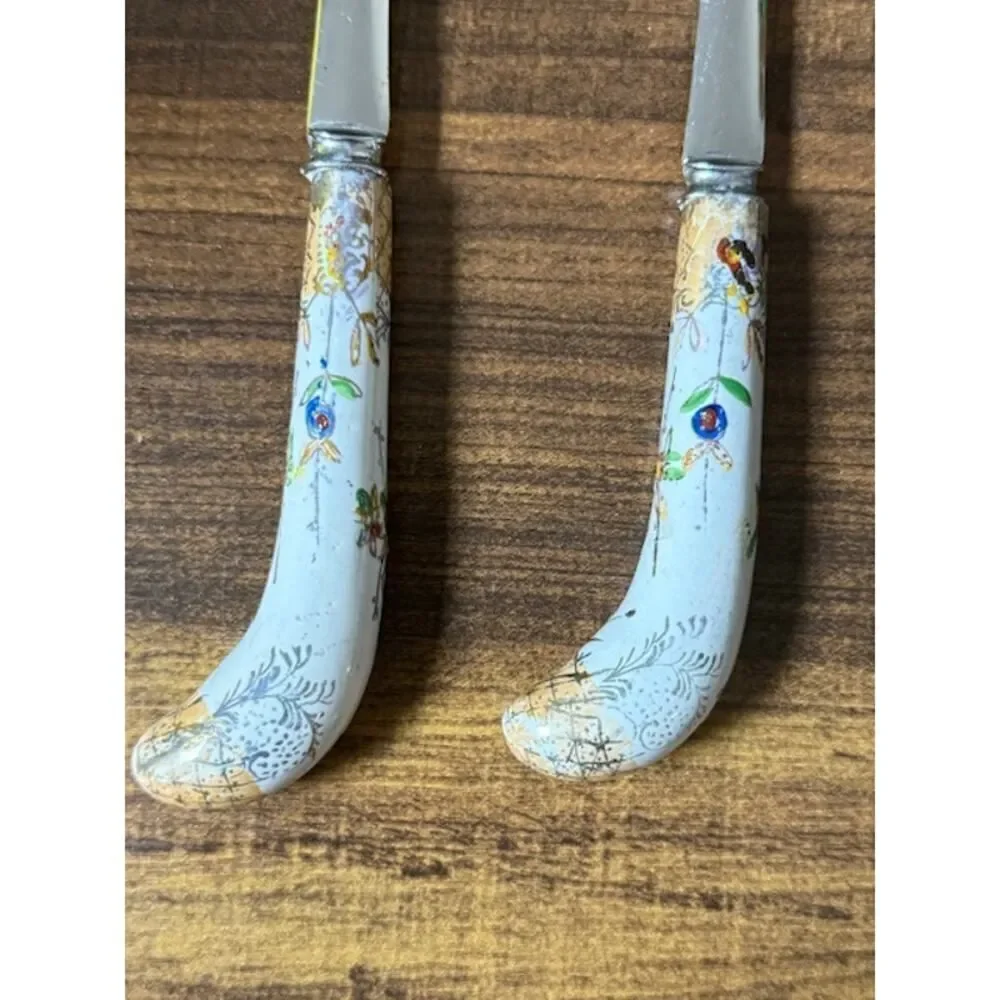 Vintage Sheffield England 2-Piece Salad Set Porcelain Floral Handles